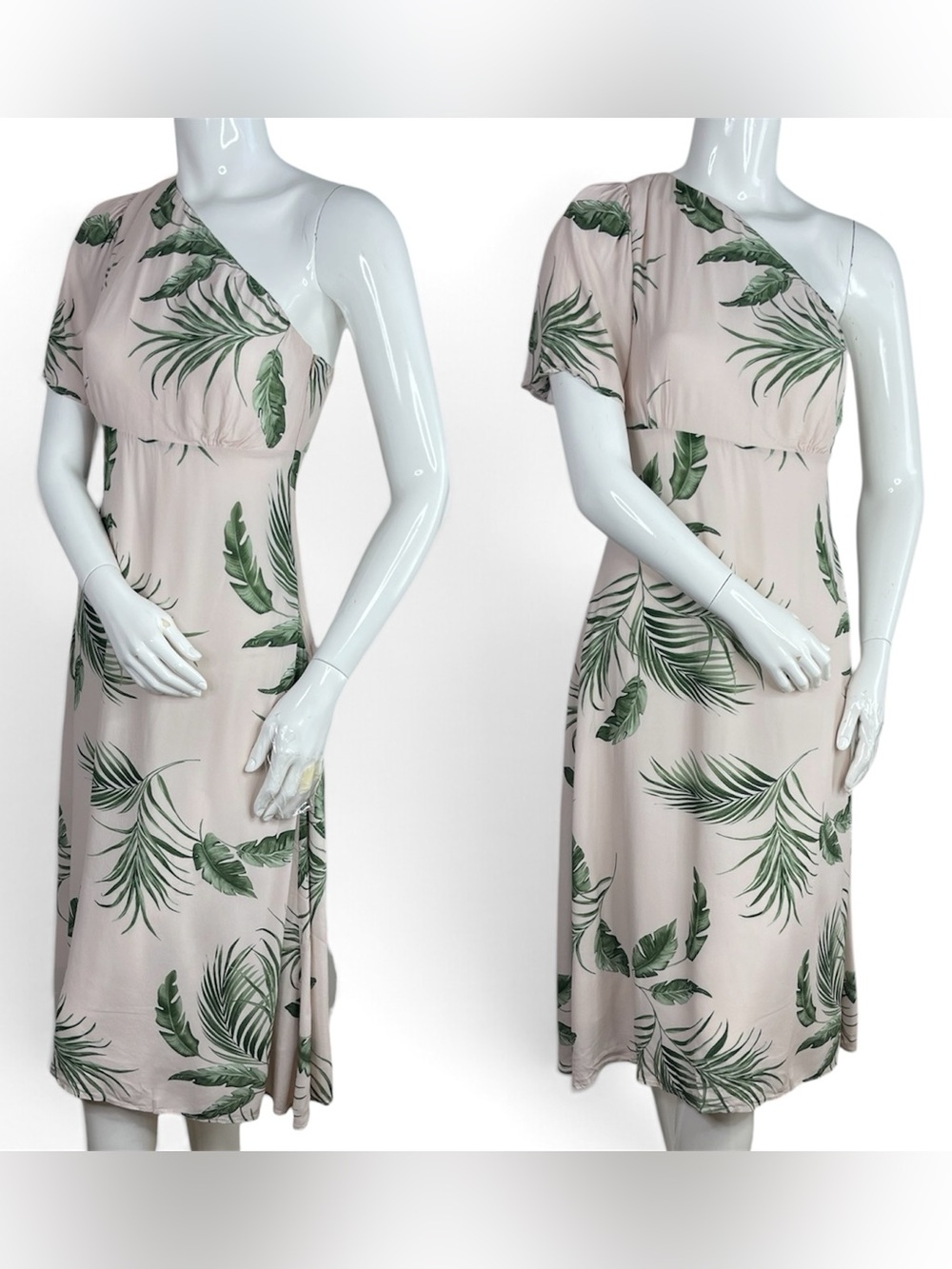 KAOS One Shoulder Tropical Palm Print Midi Dres Beige Botanical Resort Wedding S - Picture 5 of 9